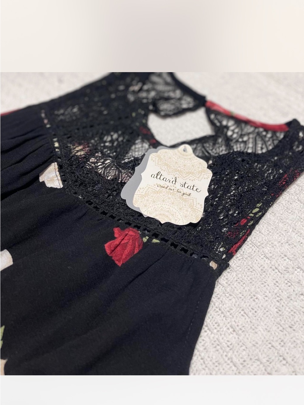 Altar'd State Black Lace Nightdress with Red Floral Accents